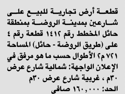 ارض تجارية بالروضة منطقة حايل